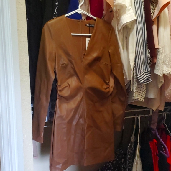 Zara Faux Leather Spandex Tan Fitted Dress - Picture 3 of 5